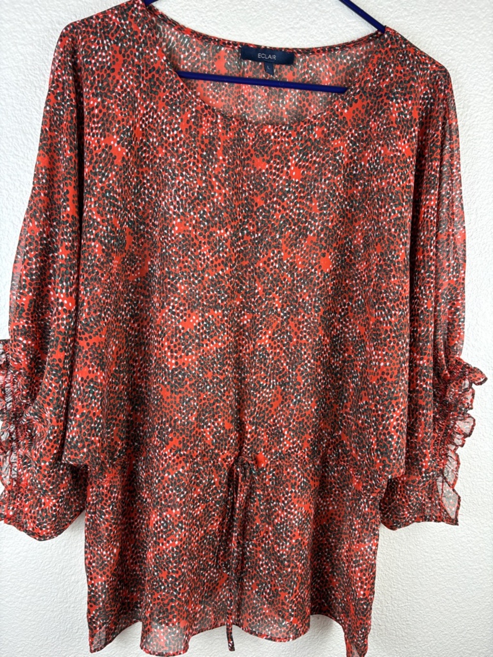 Eclair Women's Rust Red Printed Peasant Blouse Sheer Puff Sleeve USA Size L